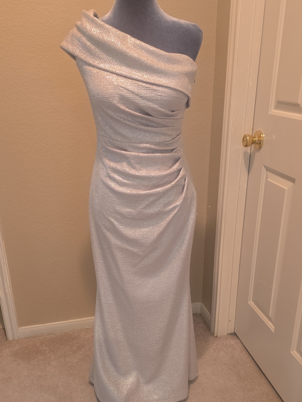 Eliza J Champagne One-Shoulder Evening Gown